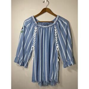 Ali Miles Top Womens LARGE Blue White‎ Striped Lace Up Embroidered Floral Tunic